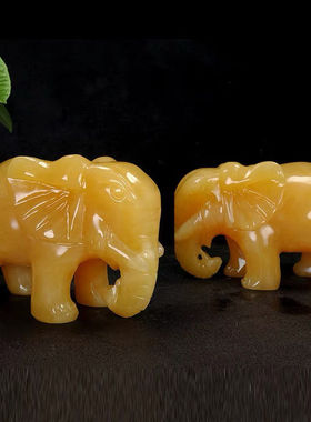 天然米黄玉大象摆件原创自制客厅
