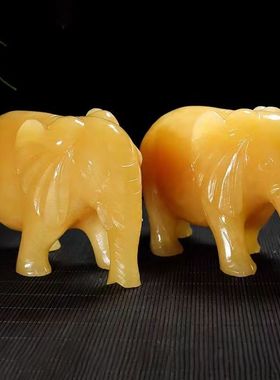 天然米黄玉大象摆件一对吸水吸财招财手工雕刻玉石象客厅玄关酒柜
