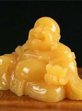 天然米黄玉佛公佛像摆件弥勒佛手捧元宝客厅玄关摆饰玉石摆设手工