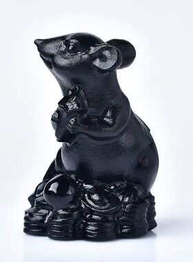 天然黑曜石鼠生肖摆件家居饰品