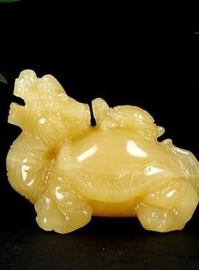 手工雕刻天然黄玉子母龙龟招财纳福玉石雕刻客厅书房玄关摆件装饰