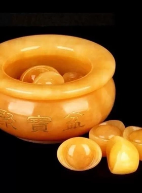 天然米黄玉聚宝盆招财摆件