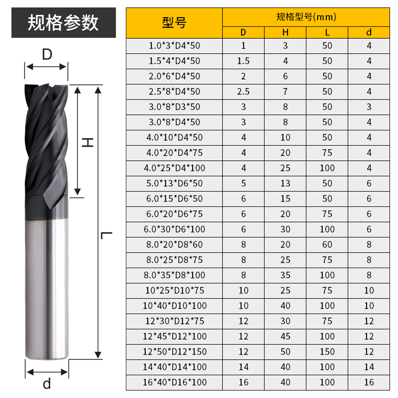 45度4刃钨钢铣刀钢用硬质合金高硬涂层CNC加工中心加长平底立铣刀