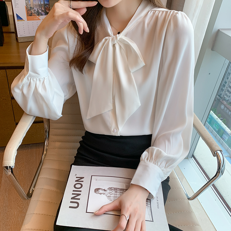 蝴蝶结衬衫女秋冬2025新款洋气内搭打底白色职业上衣长袖雪纺衬衣 - 图0