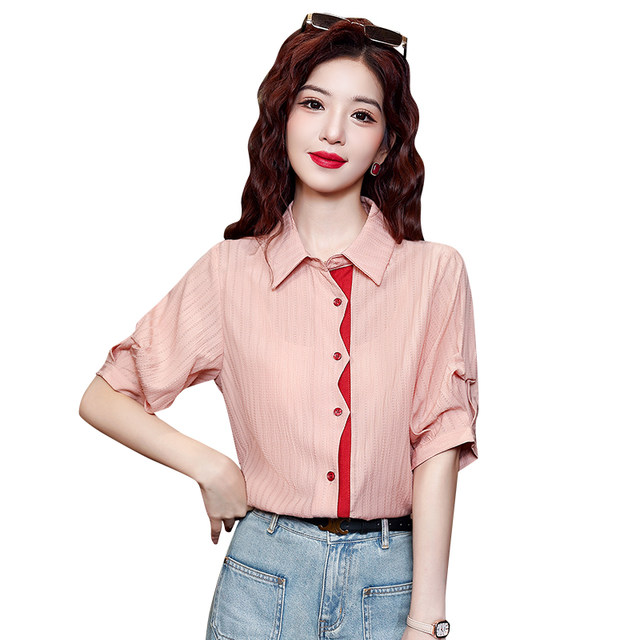 Short-sleeved chiffon shirt with color matching design and retro Hong Kong style