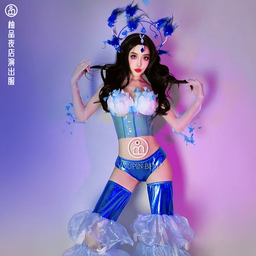 酒吧gogo演出服欧美蓝色羽毛唯美女团DS性感比基尼情人节舞队歌手 - 图0