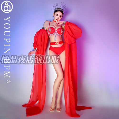 仙气酒吧gogo演出服夜店大气长袖子飘带中国潮红色新年女团DS - 图3