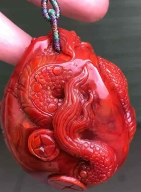 精品南红玛瑙瓦西龙雕件锦红色手把件珠宝古玩收藏旧物件手串吊坠
