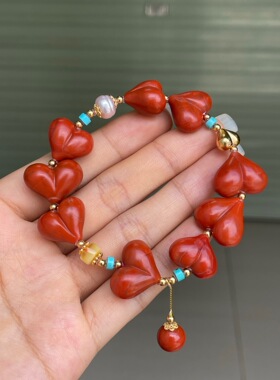 精品保山料南红满色满肉屁桃diy手串百搭时尚饰品玉石吊坠挂件女