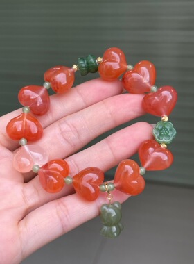 川料南红樱桃红飘花屁桃手链做工精细单圈diy手串百搭时尚饰品女