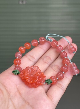 精品川料南红玛瑙牡丹花吊坠手链百花齐放手工编织手链项链百搭款