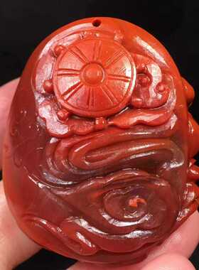 收藏级川料南红玛瑙雕件送子观音菩萨童子吊坠锦红满色满肉