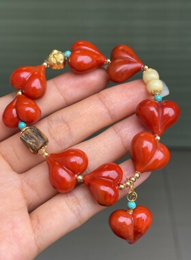 精品保山料南红满色满肉屁桃diy手串颜色红润单圈手链百搭时尚款