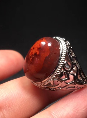 川料南红瓦西料火焰纹925银镶嵌男戒盐源耳坠环戒指三通复古背云