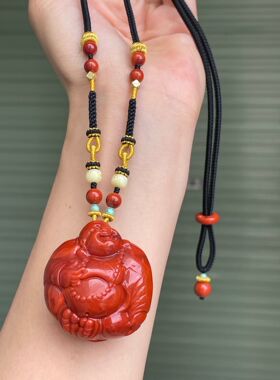 精品川料南红满色满肉牛血红笑面佛diy手工编织项链百搭时尚饰品
