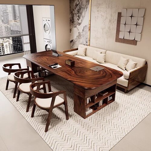 德国整板南美胡桃木客厅实木带抽屉书桌书架一体桌写字桌办公桌 - 图1