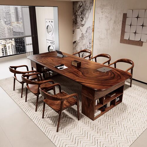 德国整板南美胡桃木客厅实木带抽屉书桌书架一体桌写字桌办公桌 - 图2