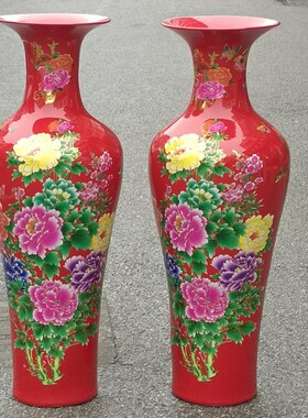 景德镇落地大花瓶 红色牡丹花落地观音瓶 喜庆中国红礼品摆件