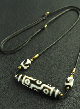 网红黑白西藏九眼老天珠虎牙至纯天珠腊皮绳横竖穿锁骨项链吊坠