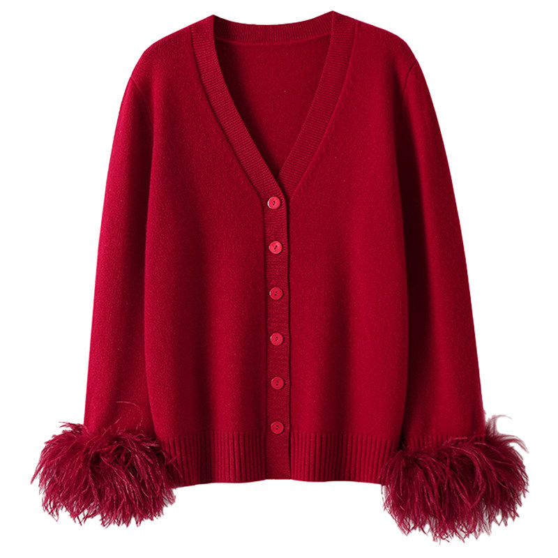 难寻此气质！可拆卸鸵鸟毛加厚100%纯羊绒开衫女毛衣针织开衫外套,淘宝优惠券,粉丝福利购,淘宝优惠卷