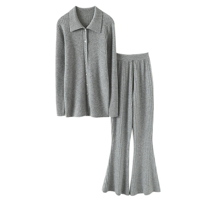 轻暖精致！翻领羊绒开衫女纯山羊绒毛衣针织休闲裤喇叭裤羊绒套装,淘宝优惠券,粉丝福利购,淘宝优惠卷