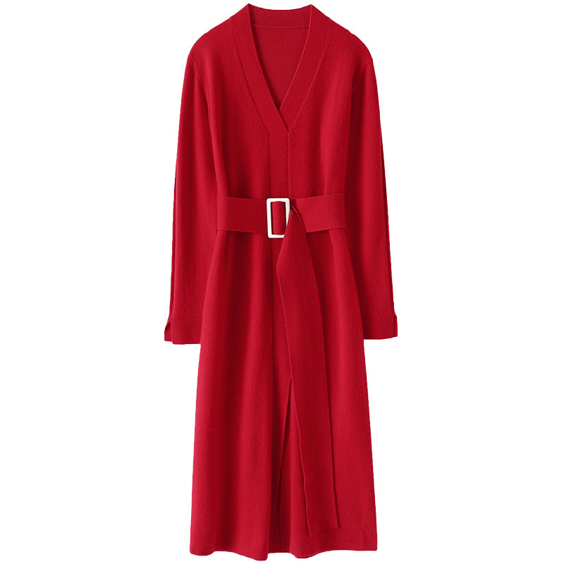 潮流静奢！！气质V领系带开叉羊绒连衣裙女羊绒衫中长款毛衣秋冬,淘宝优惠券,粉丝福利购,淘宝优惠卷