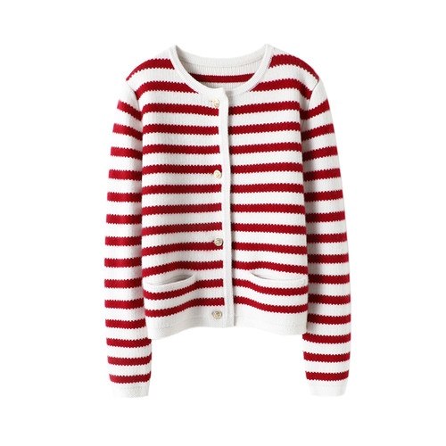 启超官方！600克+优雅与爱共栖~撞色条纹小香风纯羊绒针织开衫女 - 图2