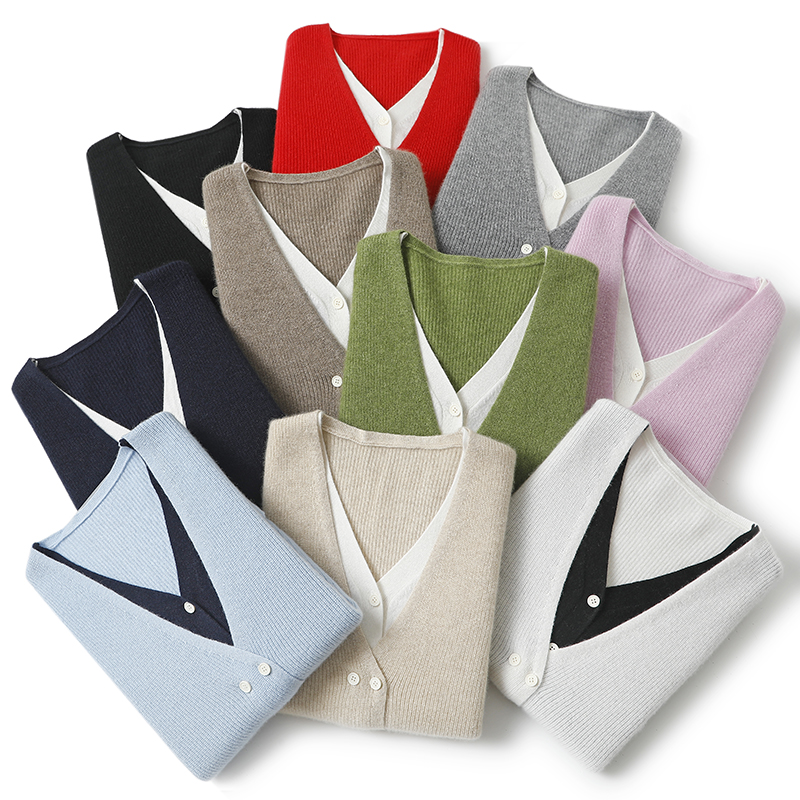 启超气质美醉！双V领纯山羊绒开衫女纯羊绒毛衣针织开衫外套秋冬 - 图0