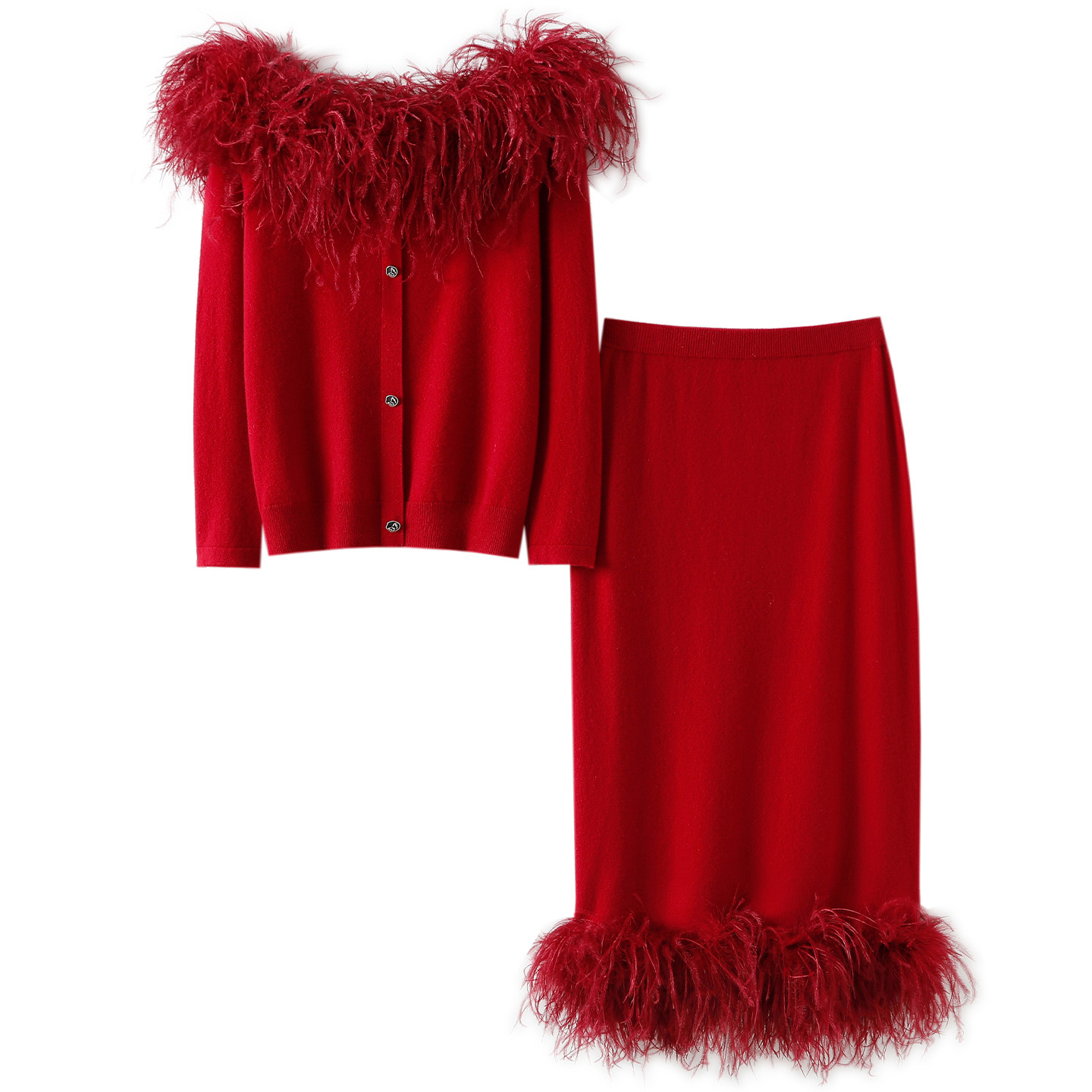 哇~太惊艳了！鸵鸟毛100%纯山羊绒衫女一字领半身包臀裙子套装,淘宝优惠券,粉丝福利购,淘宝优惠卷