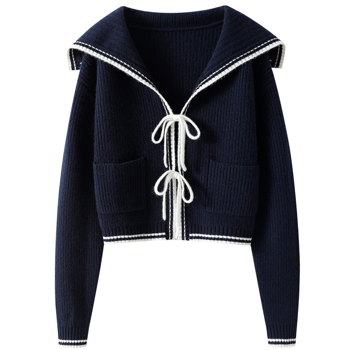 官方！随性腔调~海魂少女海军领蝴蝶结100%纯山羊绒开衫短款毛衣,淘宝优惠券,粉丝福利购,淘宝优惠卷