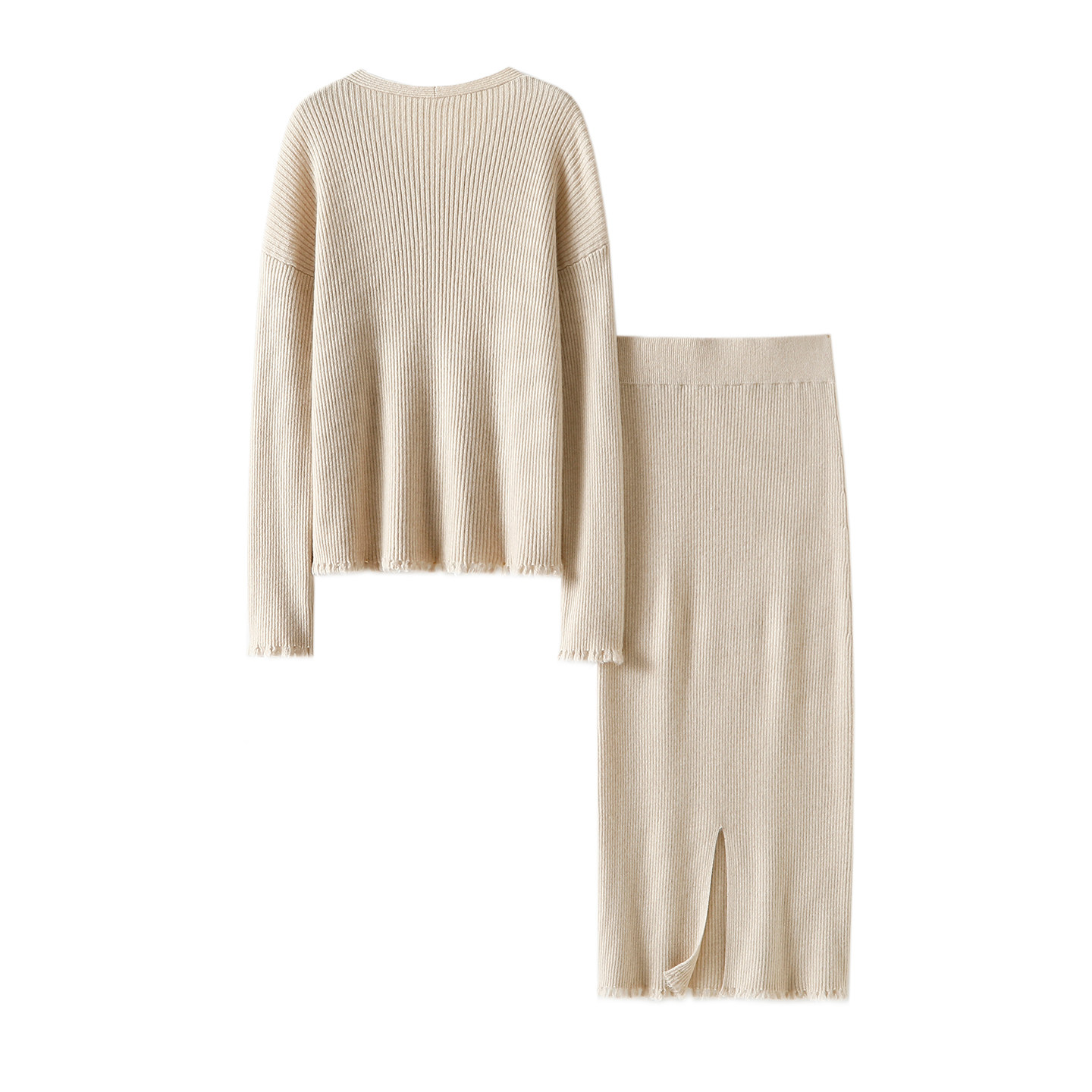 谁穿谁气质哇！手工毛边100%纯羊绒衫女V领针织包臀半身裙子套装,淘宝优惠券,粉丝福利购,淘宝优惠卷