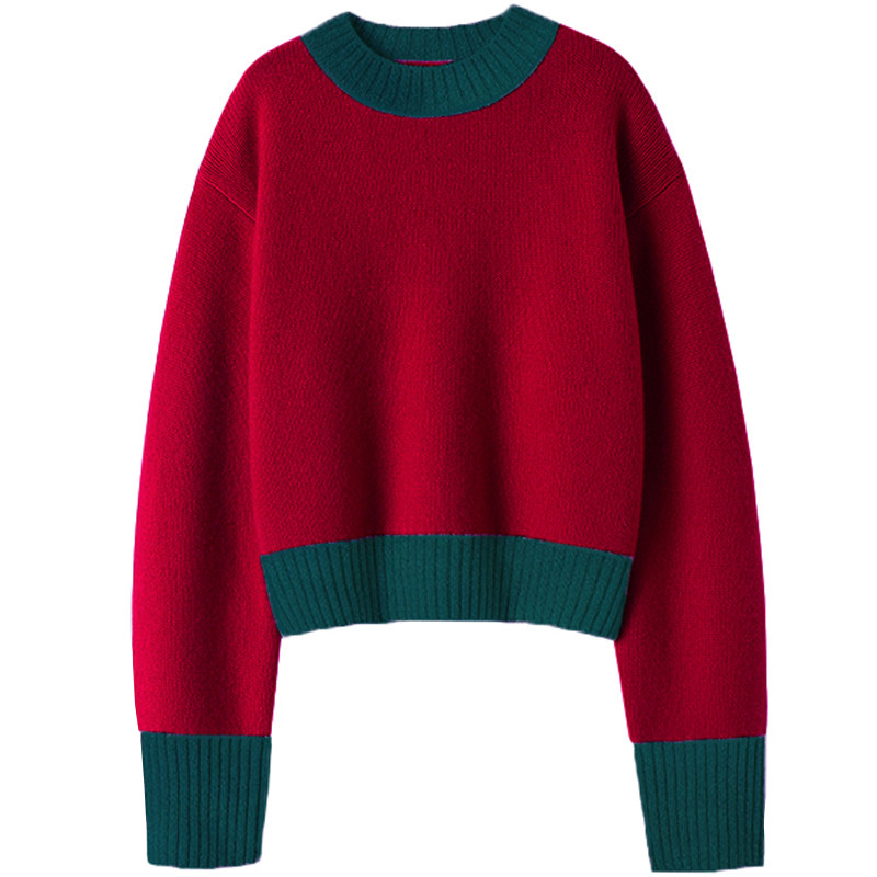 意大利新宠~撞色100%纯山羊绒毛衣女秋冬短款加厚宽松套头针织衫,淘宝优惠券,粉丝福利购,淘宝优惠卷