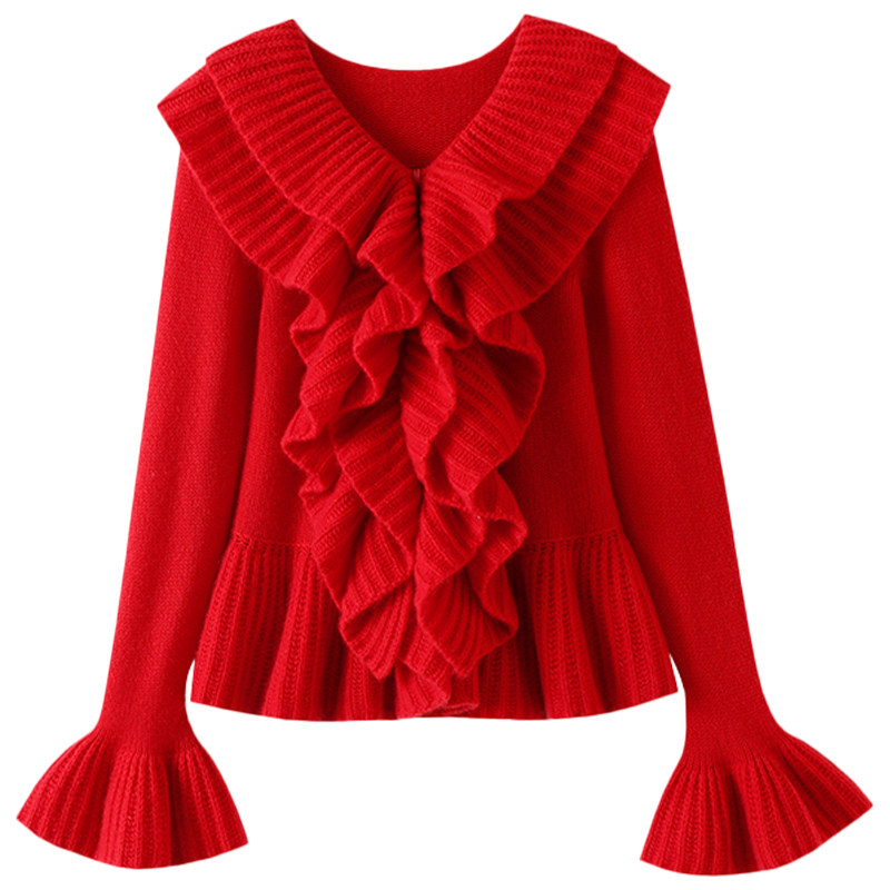 抗拒不了！荷叶边翻领加厚100%纯山羊绒开衫女喇叭袖毛衣针织开衫,淘宝优惠券,粉丝福利购,淘宝优惠卷