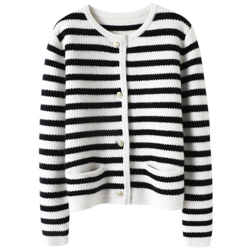 启超官方！600克+优雅与爱共栖~撞色条纹小香风纯羊绒针织开衫女 - 图3