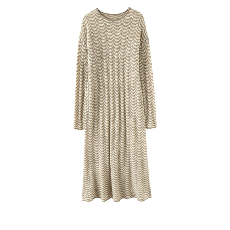 非常抬气质！波纹复古镂空羊绒衫女圆领中长款纯羊绒毛衣连衣裙,淘宝优惠券,粉丝福利购,淘宝优惠卷