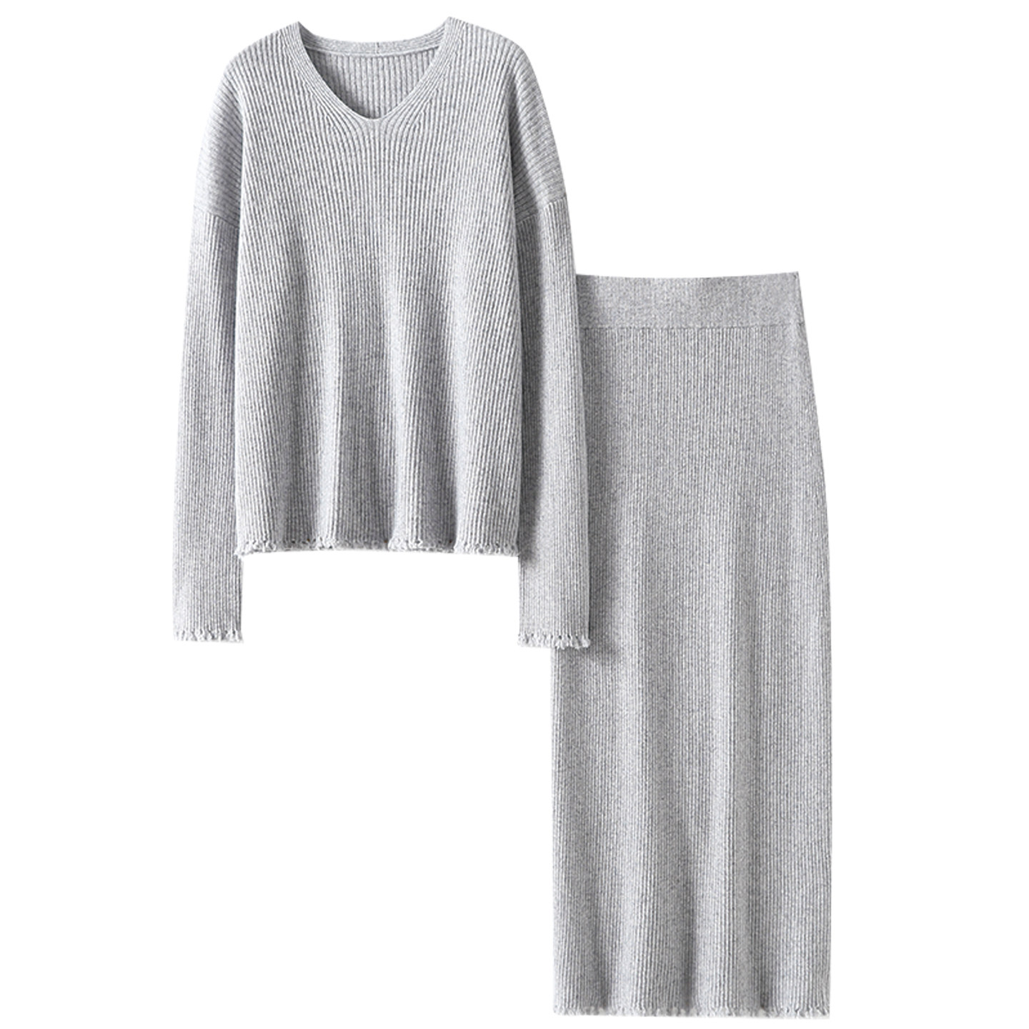 谁穿谁气质哇！手工毛边100%纯羊绒衫女V领针织包臀半身裙子套装,淘宝优惠券,粉丝福利购,淘宝优惠卷