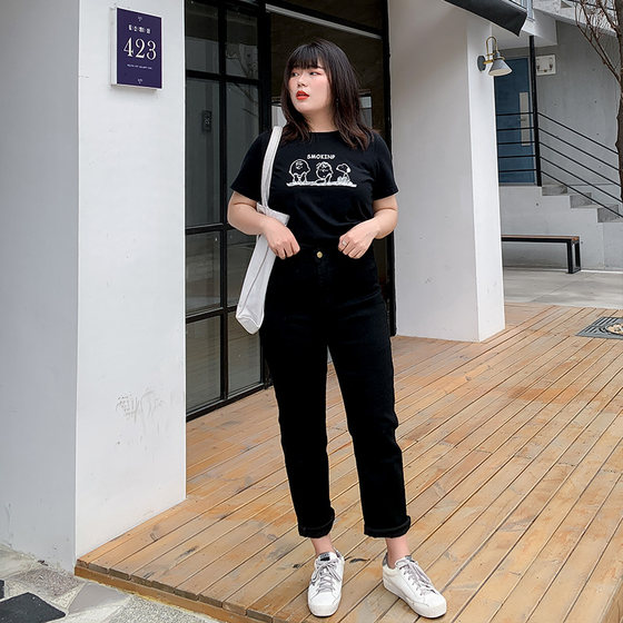 Plus size women's black slimming straight jeans dad pants