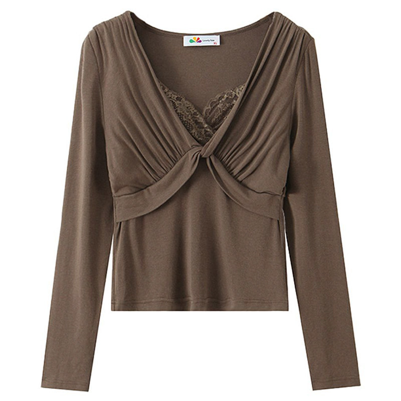 小包菜蕾丝拼接V领长袖假两件扭结上衣修身显瘦大码内搭法式,淘宝优惠券,粉丝福利购,淘宝优惠卷
