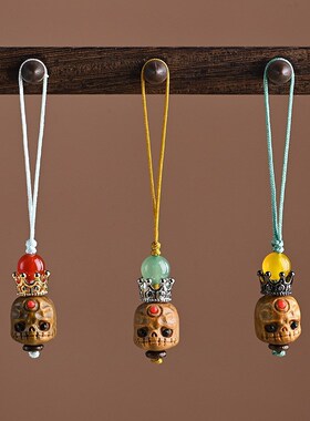 绿檀木雕Q版阿呆手机链汽