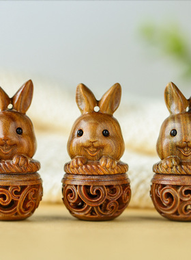 绿檀木雕生肖兔花篮兔子