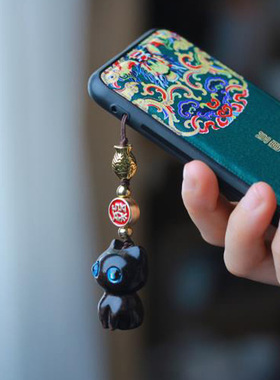 黑檀木小猫手机链可爱猫