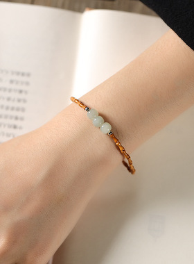 文艺森系田园风女细款橄榄核竹节和田玉石转运珠单圈气质小众手链