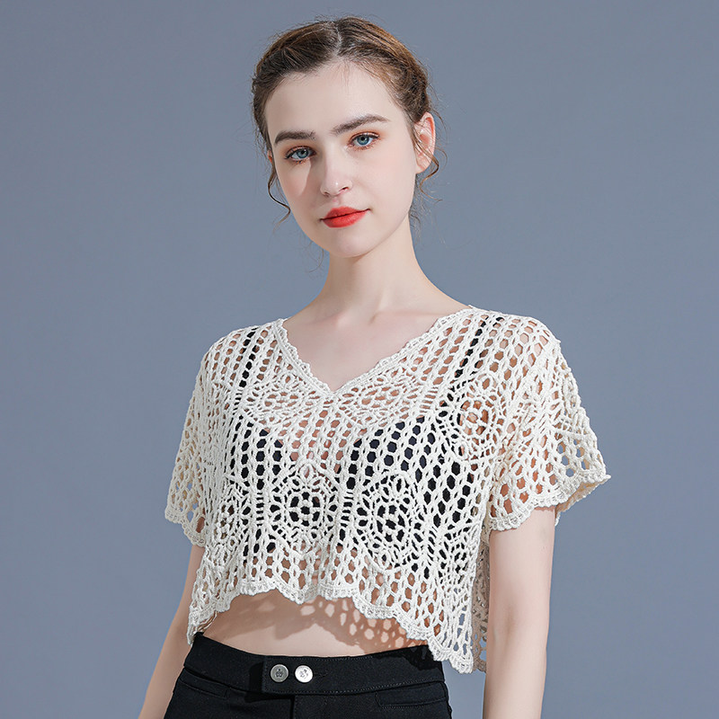 棉质钩花镂空套头女夏短款小坎肩 悦吻蕾丝衫/雪纺衫