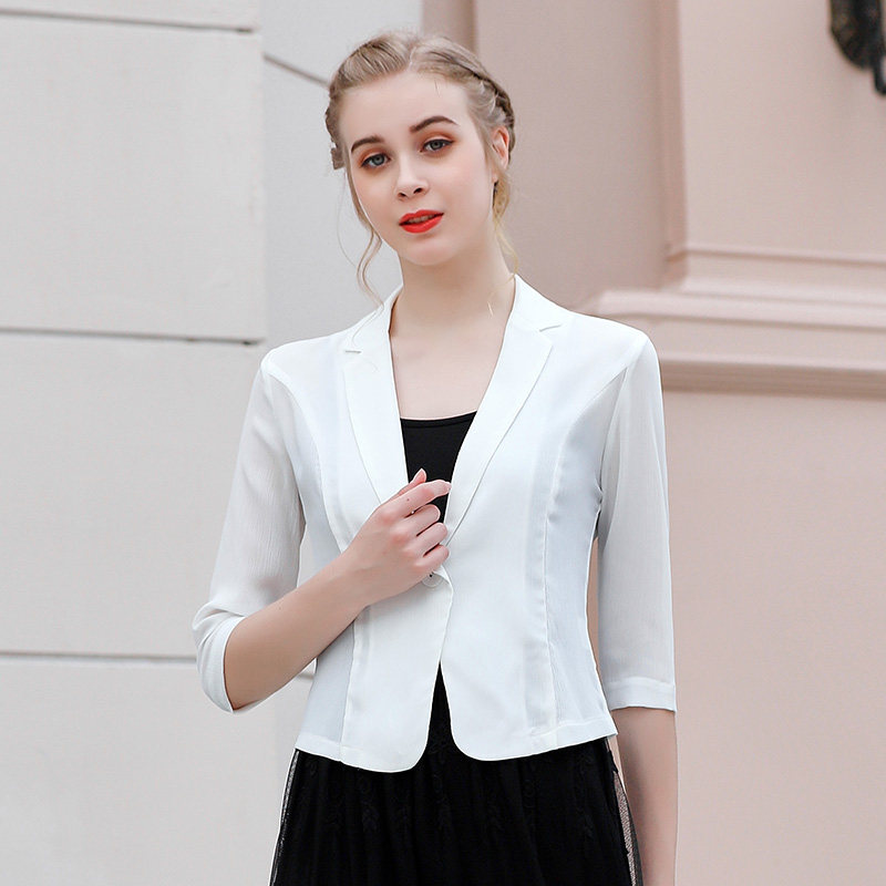 仿真丝皱雪纺小西装外套短款2023 悦吻西装