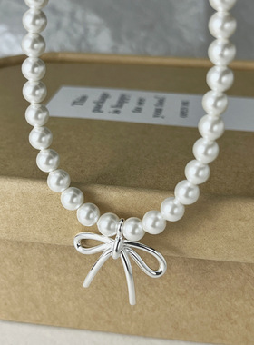 法国cherry kitty珍珠蝴蝶结项链女s925银气甜美公主风财阀千金