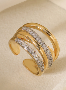 法国cherry kitty 欧美简约双色镀锆石几何开口戒指女ins小众