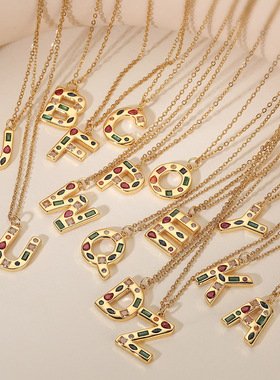 法国cherry kitty 铜镀18k金镶彩锆26个英文字母吊坠项链女百搭