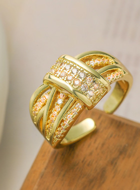 法国cherry kitty 欧美时尚轻奢双色电镀锆石几何开口戒指女小众