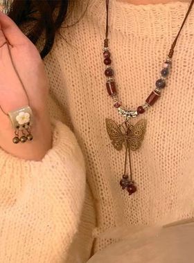 Ethnic style butterfly necklace, niche long sweater chain