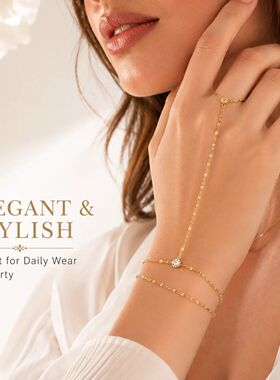 Stainless Steel Hand Chain Ring Bracelet for Women, Gold Pla